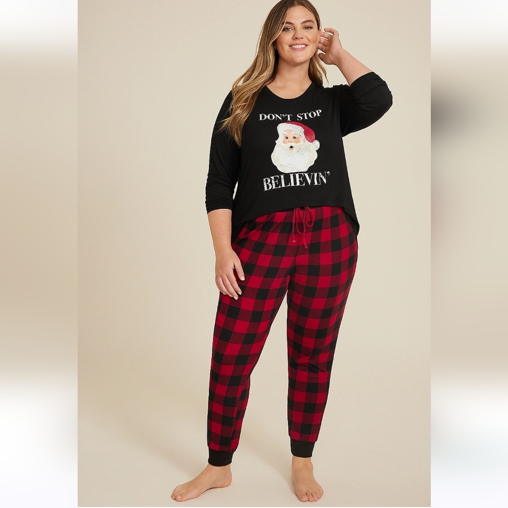 NWT Maurices Black Red Plaid Pajama Jogger Set 1X Christmas 4107-